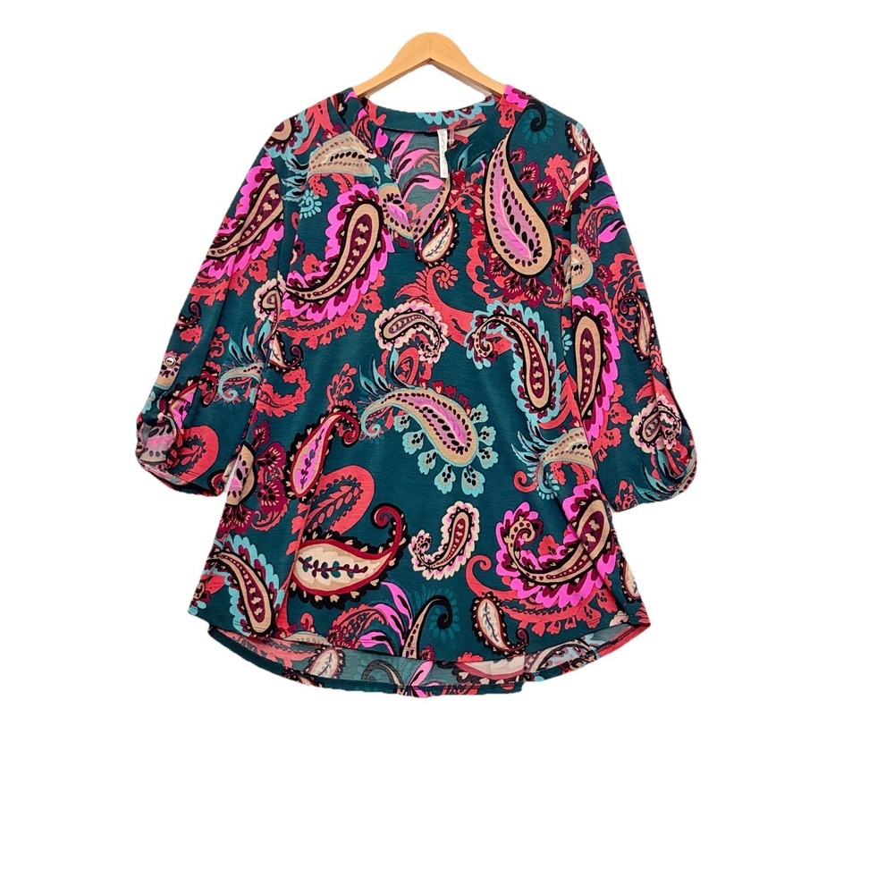 Dear Scarlett Tunic Top XL Bright Pop Art Neon Paisley Stretchy Blouse Flowy - Picture 1 of 8